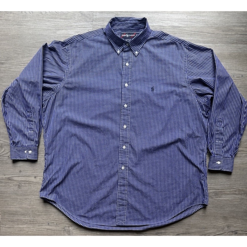 Vintage Ralph Lauren Yarmouth Shirt Mens 17.5 34/35 XL Blue Micro Check Dress
